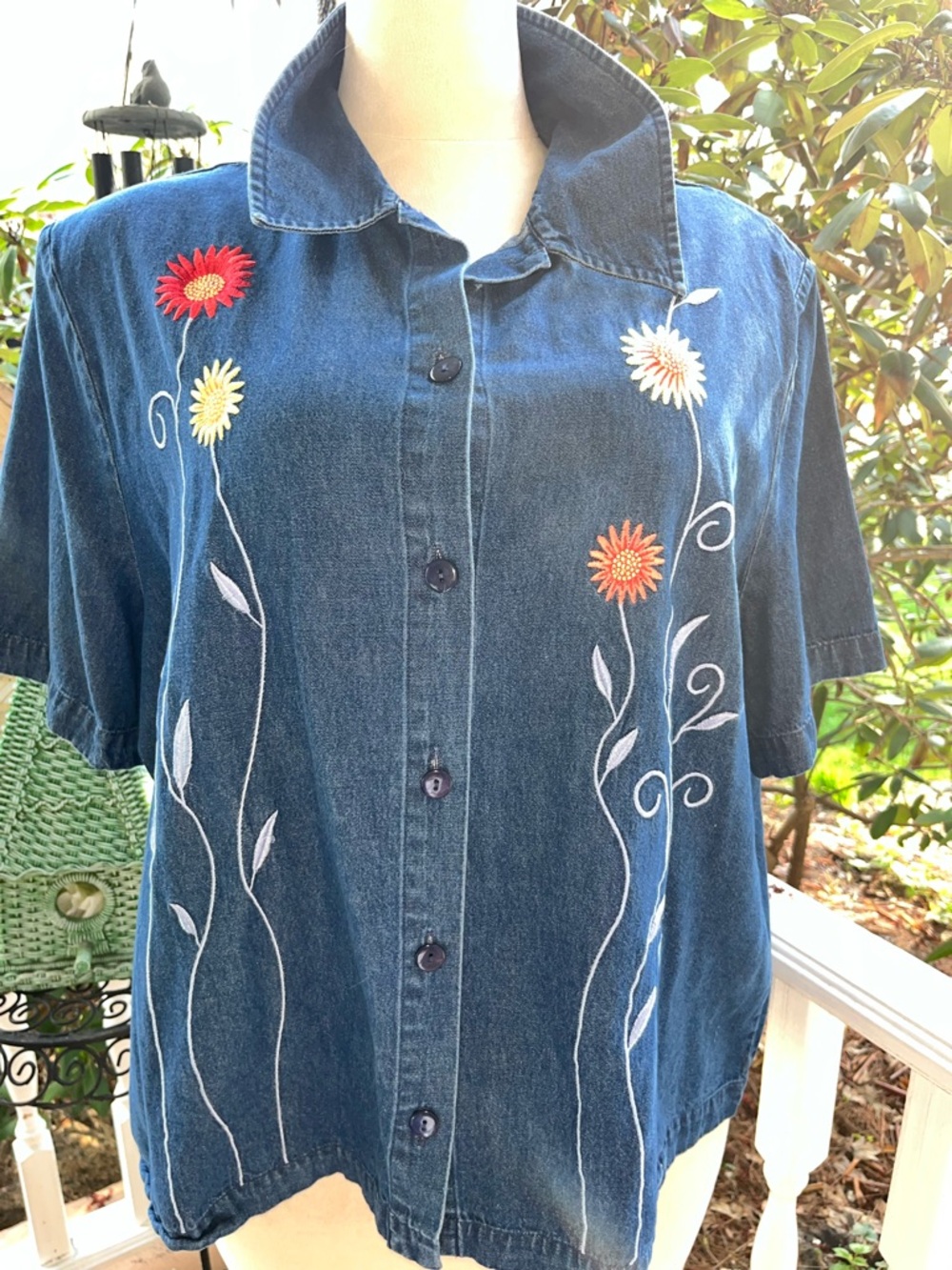 TanJay Denim Embroidered Floral Button Front Shirt Plus Size 22W Y2K Boho